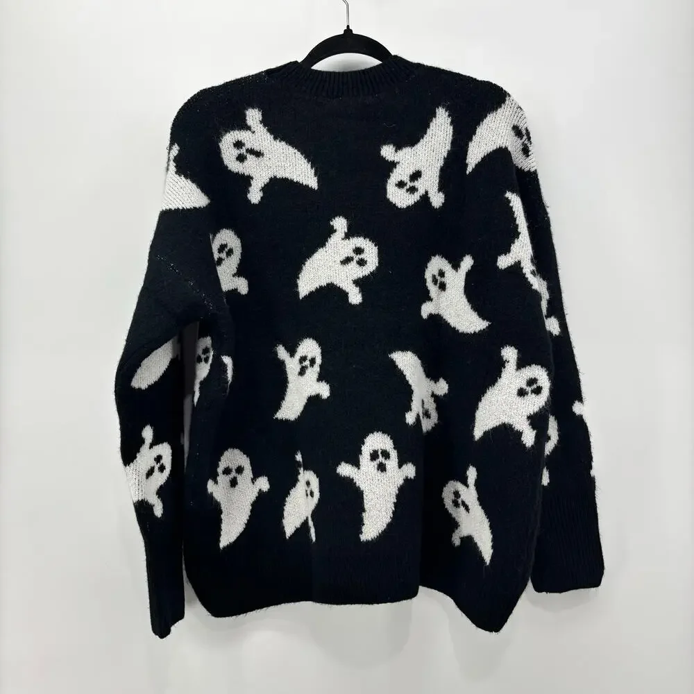 Vince Camuto Womens Medium Black White Ghost Halloween Sweater - Picture 2 of 16